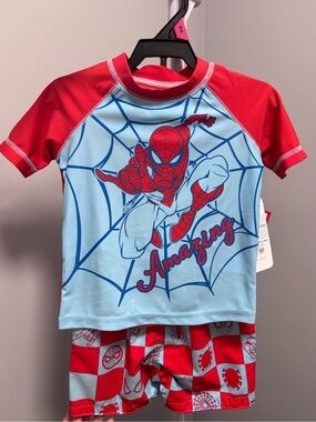 Marvel Spiderman 18 month kids swim set with rash guard and swim trunks